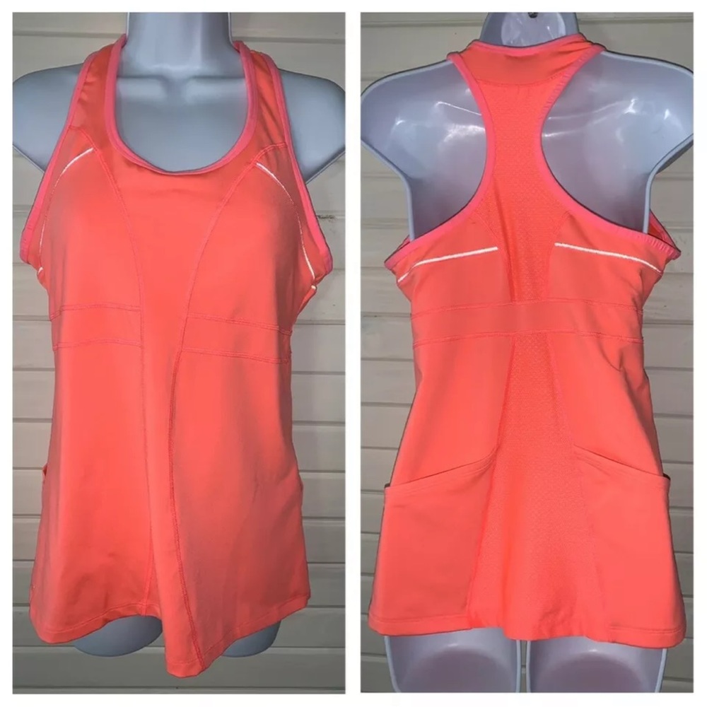 Athleta Sz MEDIUM Turbocharge Tank Top Built In Bra Back Pockets Coral.